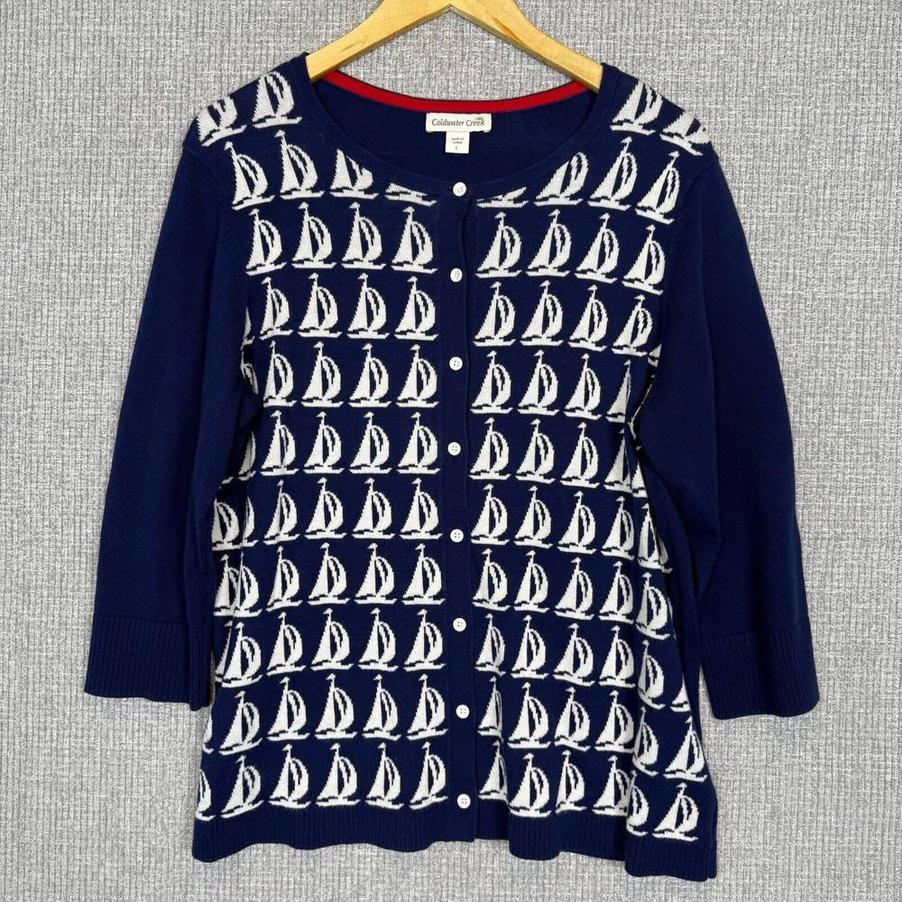 Coldwater Creek Sz L Sweater Nautical Novelty Boat Beach Preppy Navy Cottage